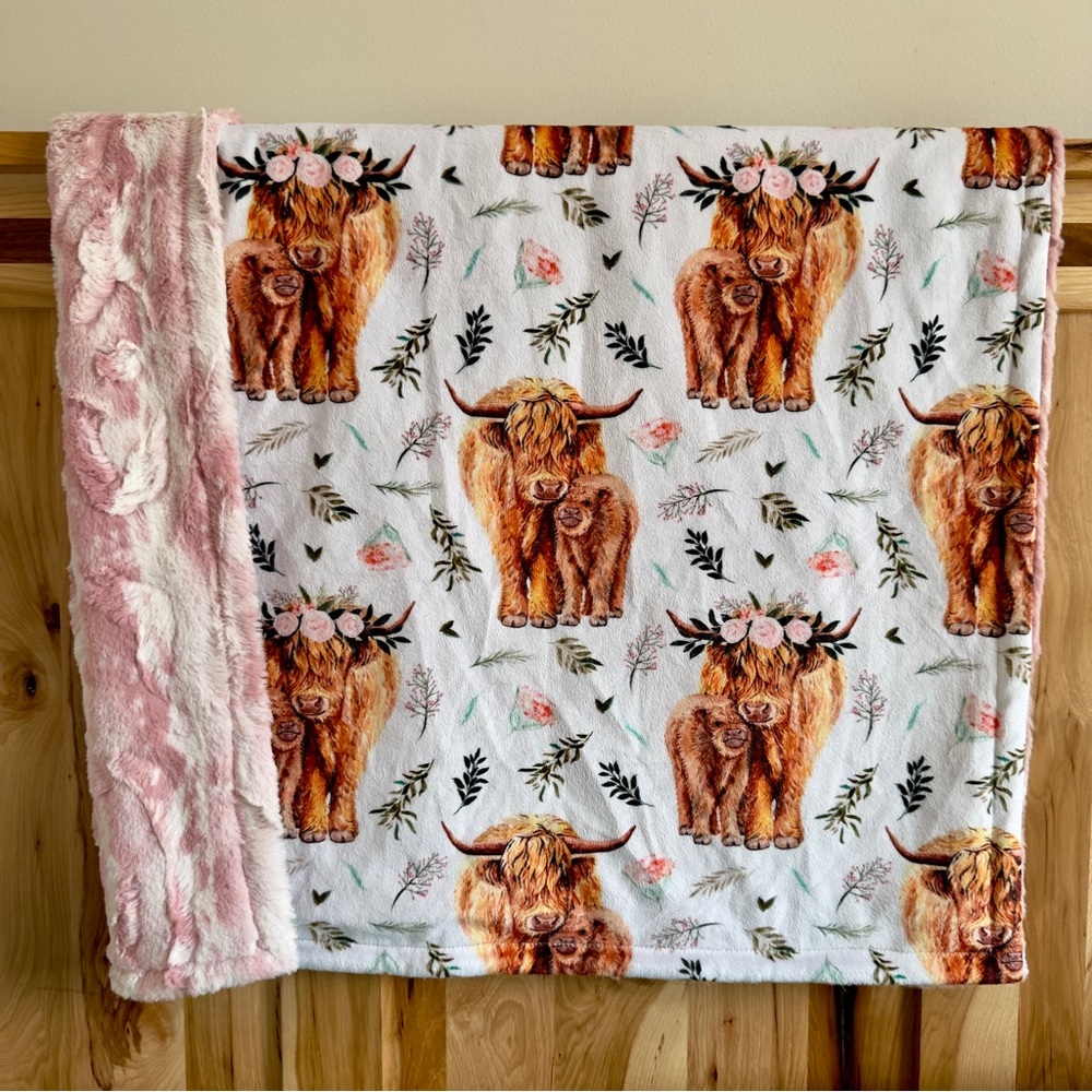 Highland Cow Tribal Print Plush Minky Baby Blanket